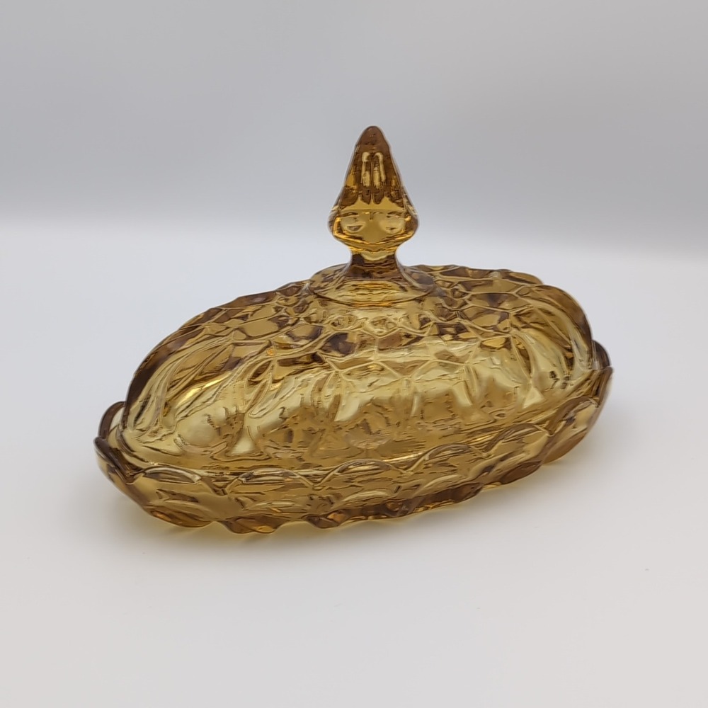 Vintage Anchor Hocking Fairfield Amber Glass Covered Butter Dish 1970s 7" Yellow